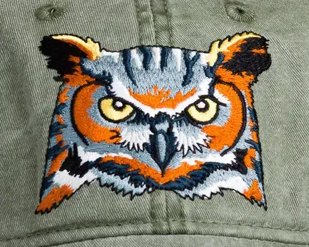closeup of Great Horned Owl Hat by Eco Wear