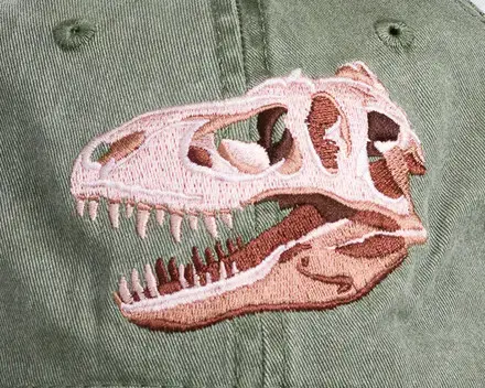 closeup of T-Rex Skull Dinosaur Hat by Eco Wear