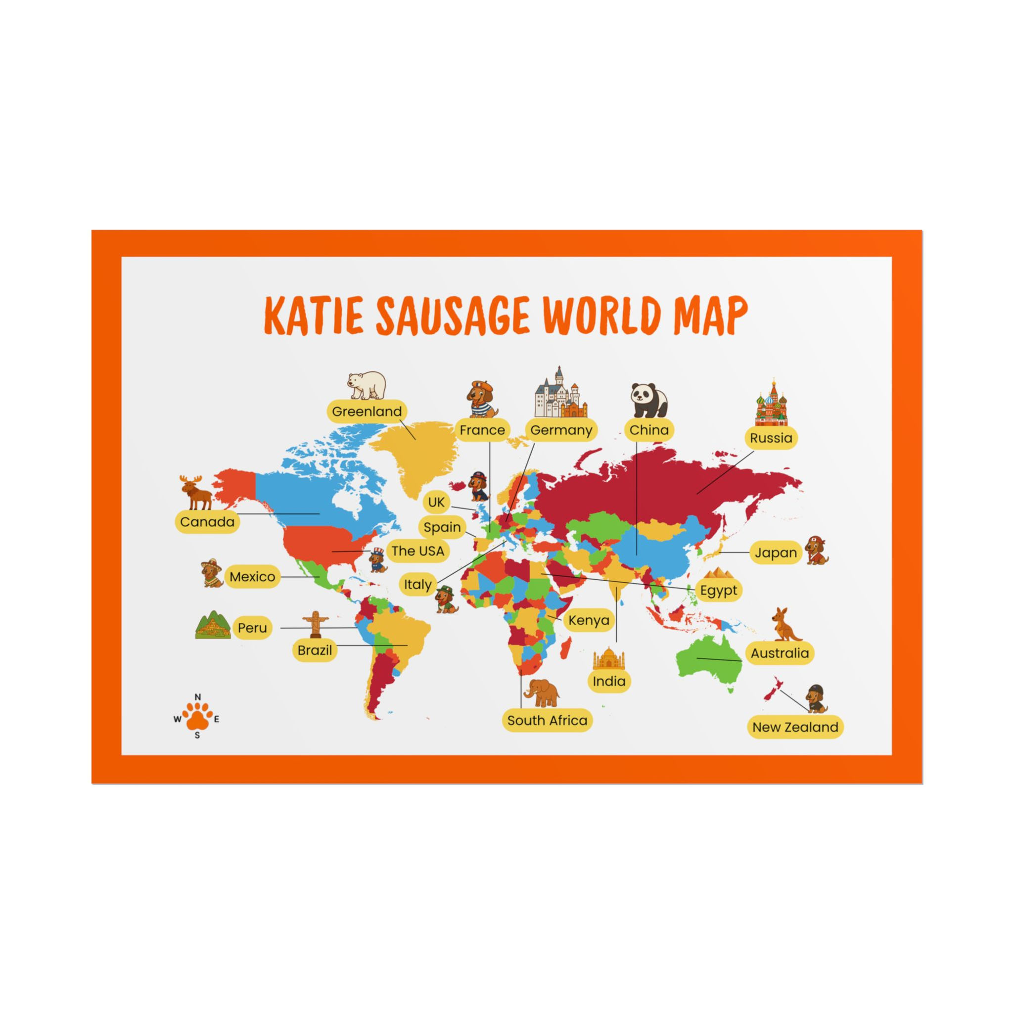Katie Sausage World Map Poster, Kids Room Decor, Classroom Decoration
