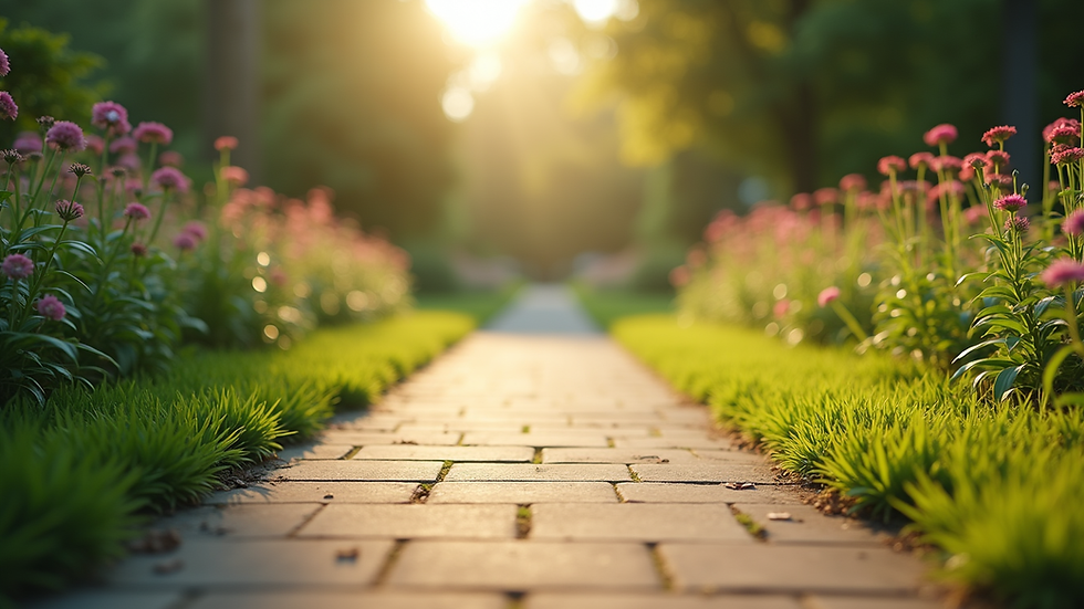 Eye-level view of a peaceful garden path with soft sunlight