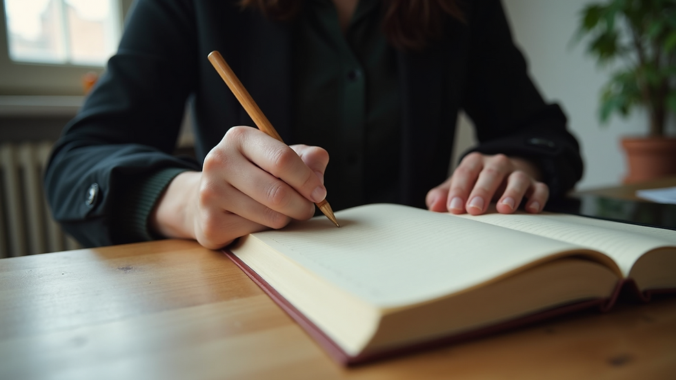 Eye-level view of a person writing in a dream journal on a wooden desk