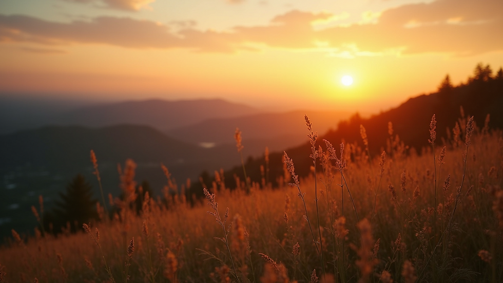 High angle view of a serene landscape with a sunset
