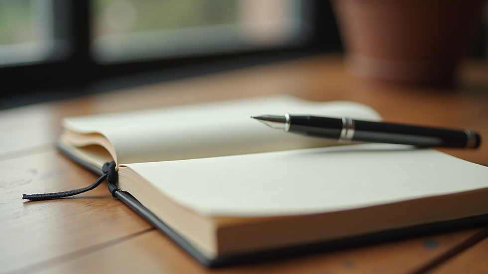 Close-up view of a journal and pen on a wooden table