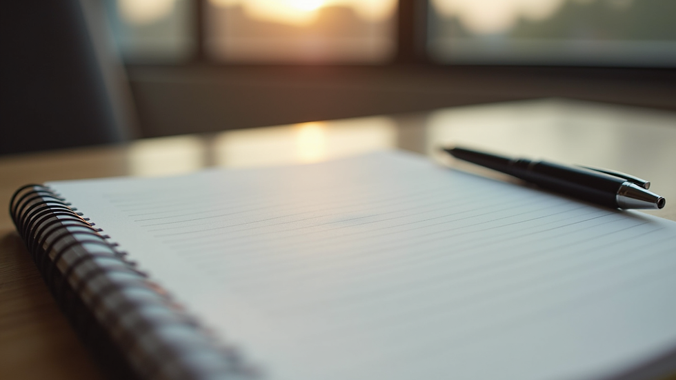 Close-up view of a journal and pen on a wooden table, symbolizing planning and reflection