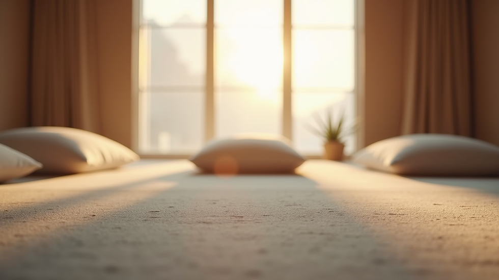 Eye-level view of a calm meditation space with cushions and soft lighting