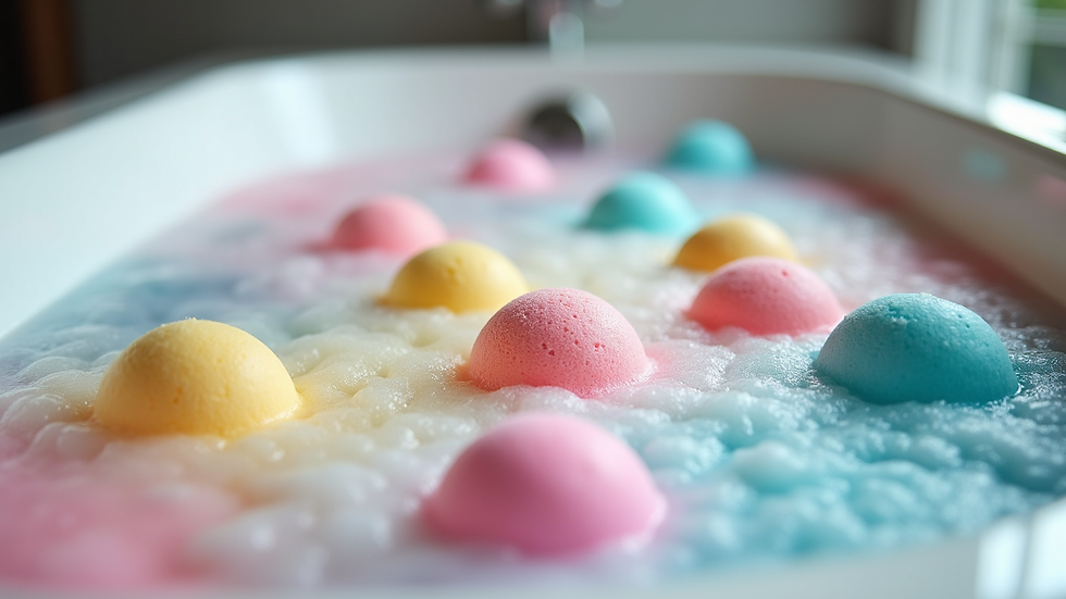 Close-up view of colourful bath bombs fizzing in a bathtub