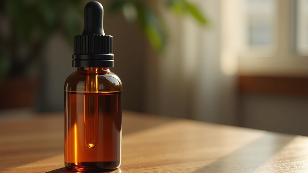 Close-up view of a small amber bottle of beard oil on a wooden surface