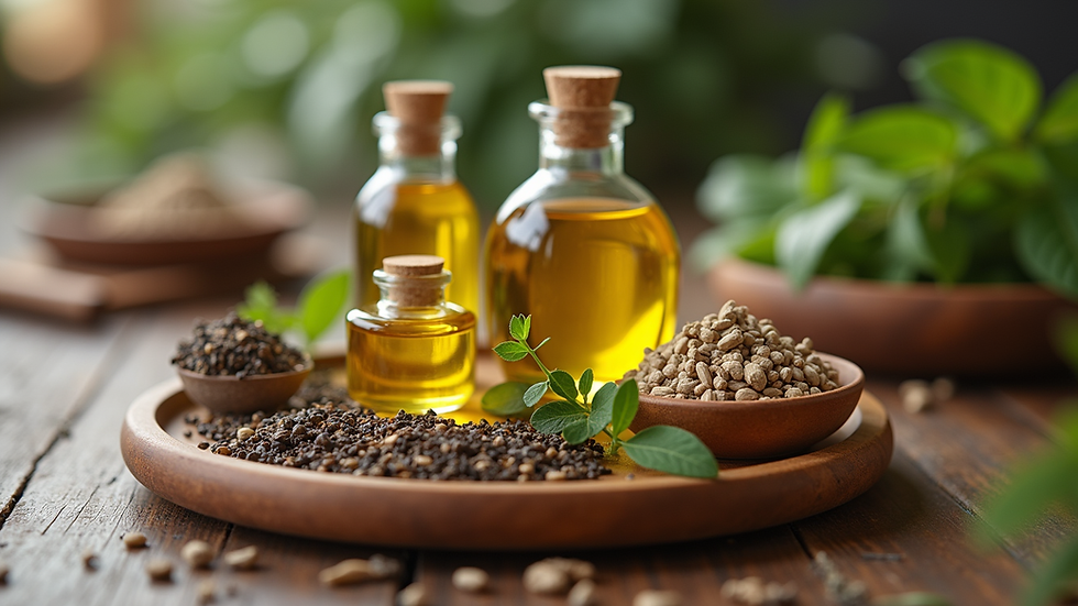 Eye-level view of a wooden tray with various natural oils and dried herbs