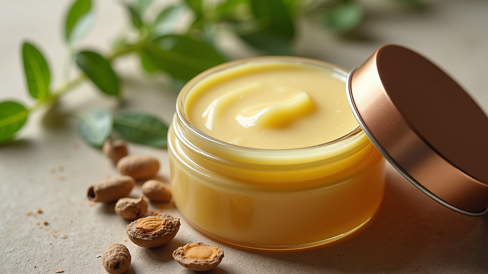 Close-up view of a jar of botanical hair balm with natural ingredients