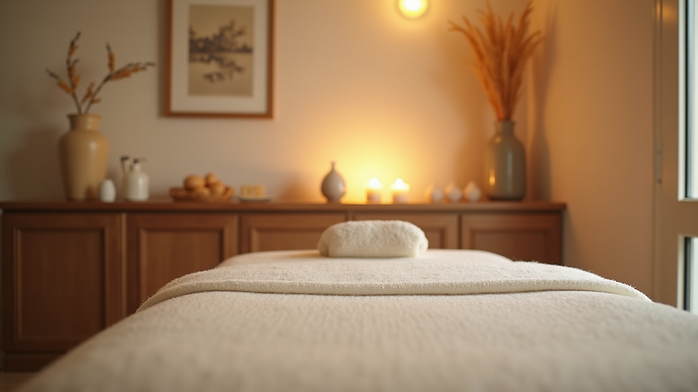 Eye-level view of a serene massage room with soft lighting and calming decor