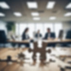 CREATE AN IMAGE OF A BUSINESS OFFICE WITH A MISSING PIECE OF A PUZZLE WITH PEOPLE IN THE B