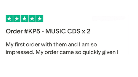 5-star review saying "Order #KP5 - MUSIC CDS x 2"