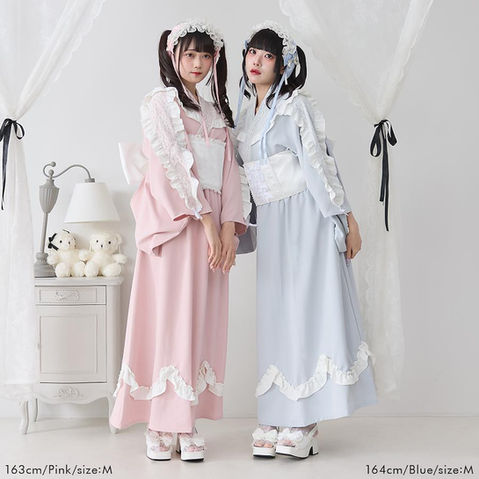 frill yukata in pink and blue