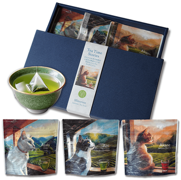 3 bags of Japanese green tea. Each package with a picture of a cat