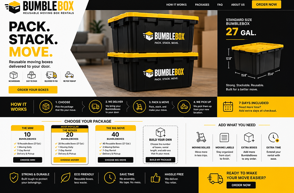 Marketing banner for BumbleBox reusable moving box rentals