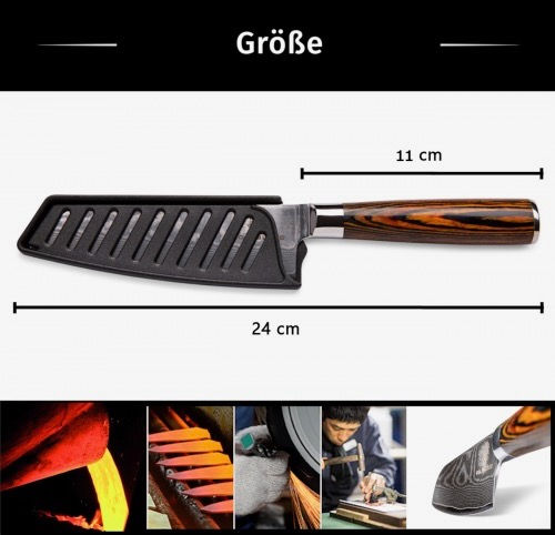 Miniaturbild: Damast-Santokumesser Größenangaben: 24 cm Gesamtlänge, 11 cm Klinge, handgeschmiedet mit Klingenschutz