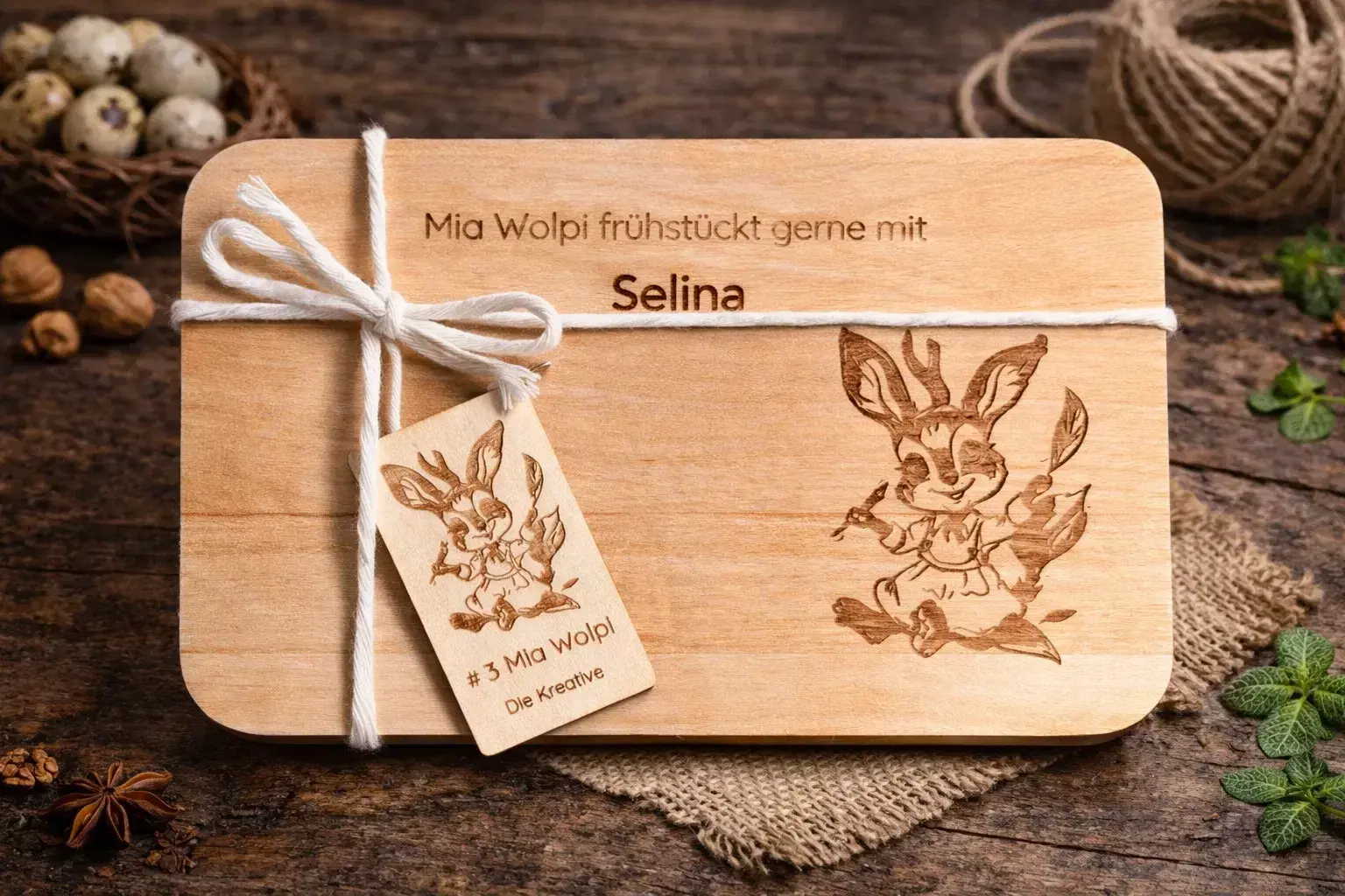 Personalisiertes Frühstücksbrettchen mit "Mia Wolpi" und Wunschname