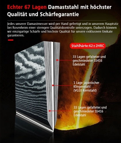 Miniaturbild: Damast-Santokumesser Detailansicht: charakteristisches Damaszener-Muster der Klinge und Pakkaholzgriff