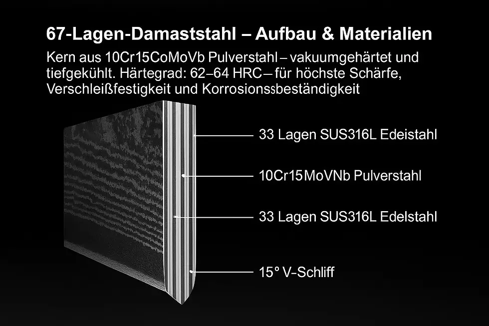Miniaturbild: Damaststahl Aufbau erklärt – Infografik zu Lagenstahl und Materialeigenschaften der Klinge