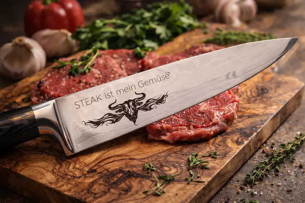 Personalisiertes Küchenmesser mit Gravur ‚STEAK ist mein Gemüse‘ und Stiermotiv – Geschenk für Grillfans auf Steak und Holzbrett inszeniert