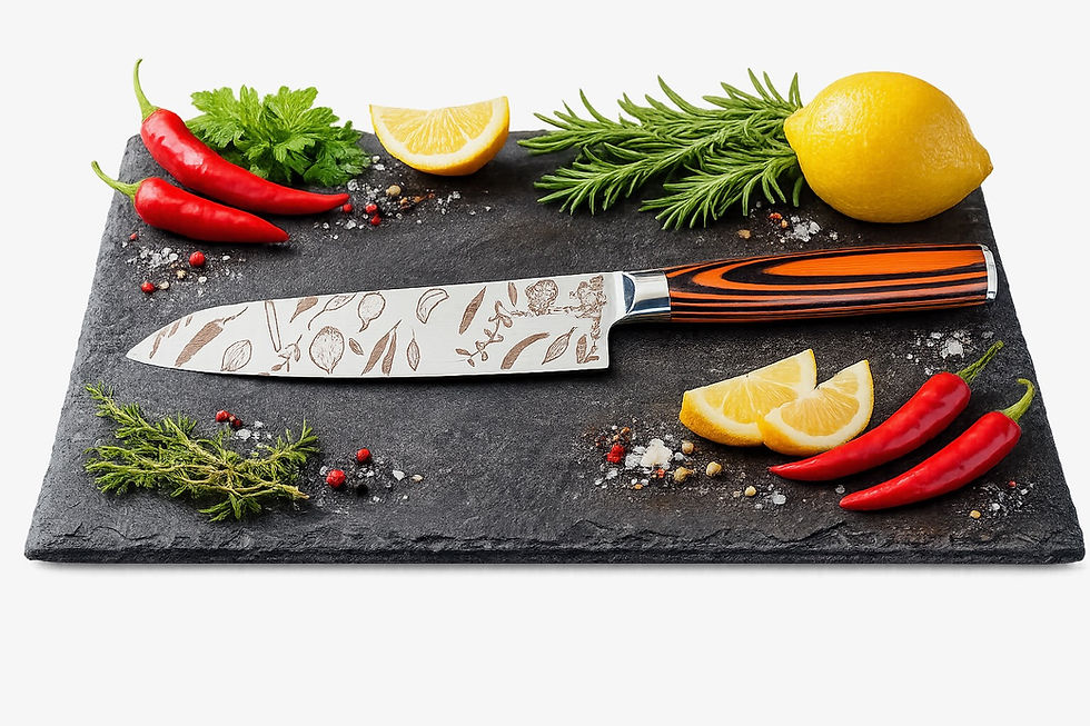 Miniaturbild: Damastmesser Santoku Aromenwelt auf Schieferbrett mit Rosmarin, Zitrone, Chili, Petersilie und Pfefferkörnern