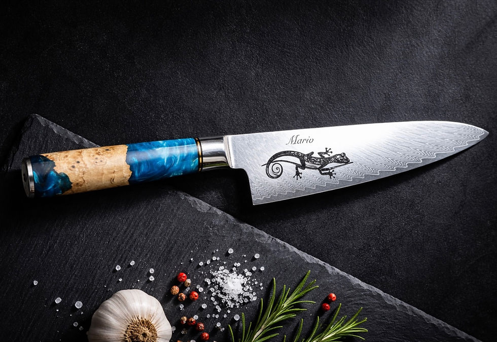 Personalisiertes Damastmesser (VG10, 67 Lagen) mit Gravur und blauem Resin-Holzgriff – hochwertiges Küchenmesser als Geschenkidee