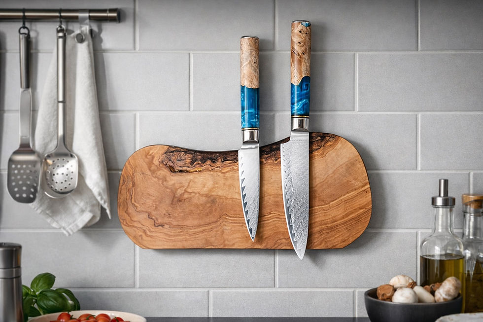 Magnetleiste aus Olivenholz mit zwei Messern an heller Küchenwand, Handmade in Germany