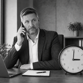Martin Hofmeister při telefonátu vedle hodin ukazujících 15 hodin.