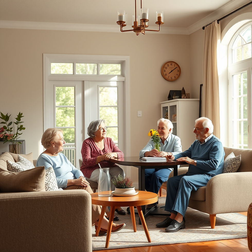 Photorealistic, warm and welcoming shared home for older adults, featuring a beautiful com