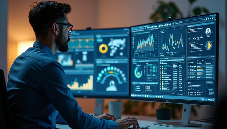 Eye-level view of a professional managing multiple AI agent dashboards on screens