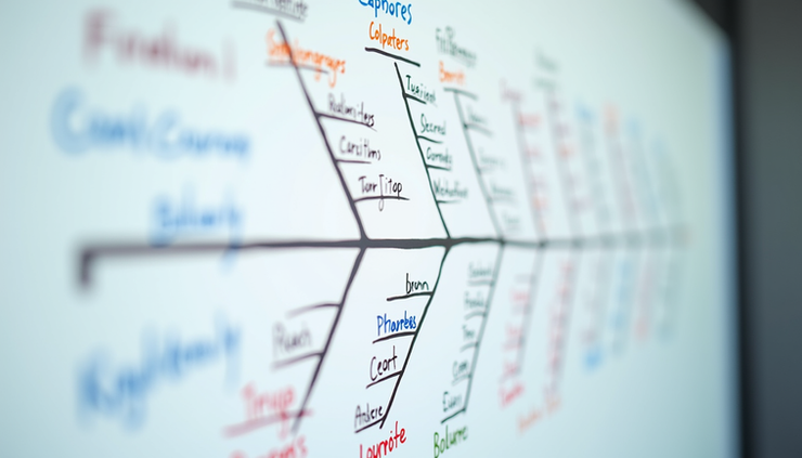 Eye-level view of a detailed fishbone diagram drawn on a whiteboard with colorful markers