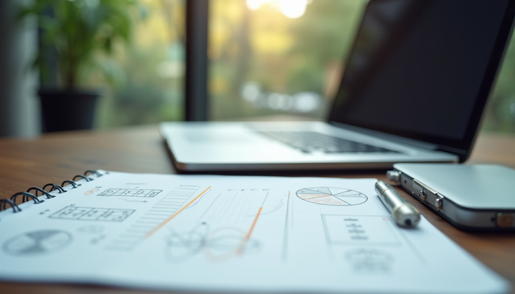 Eye-level view of a modern workspace with a laptop and notes showing technology planning