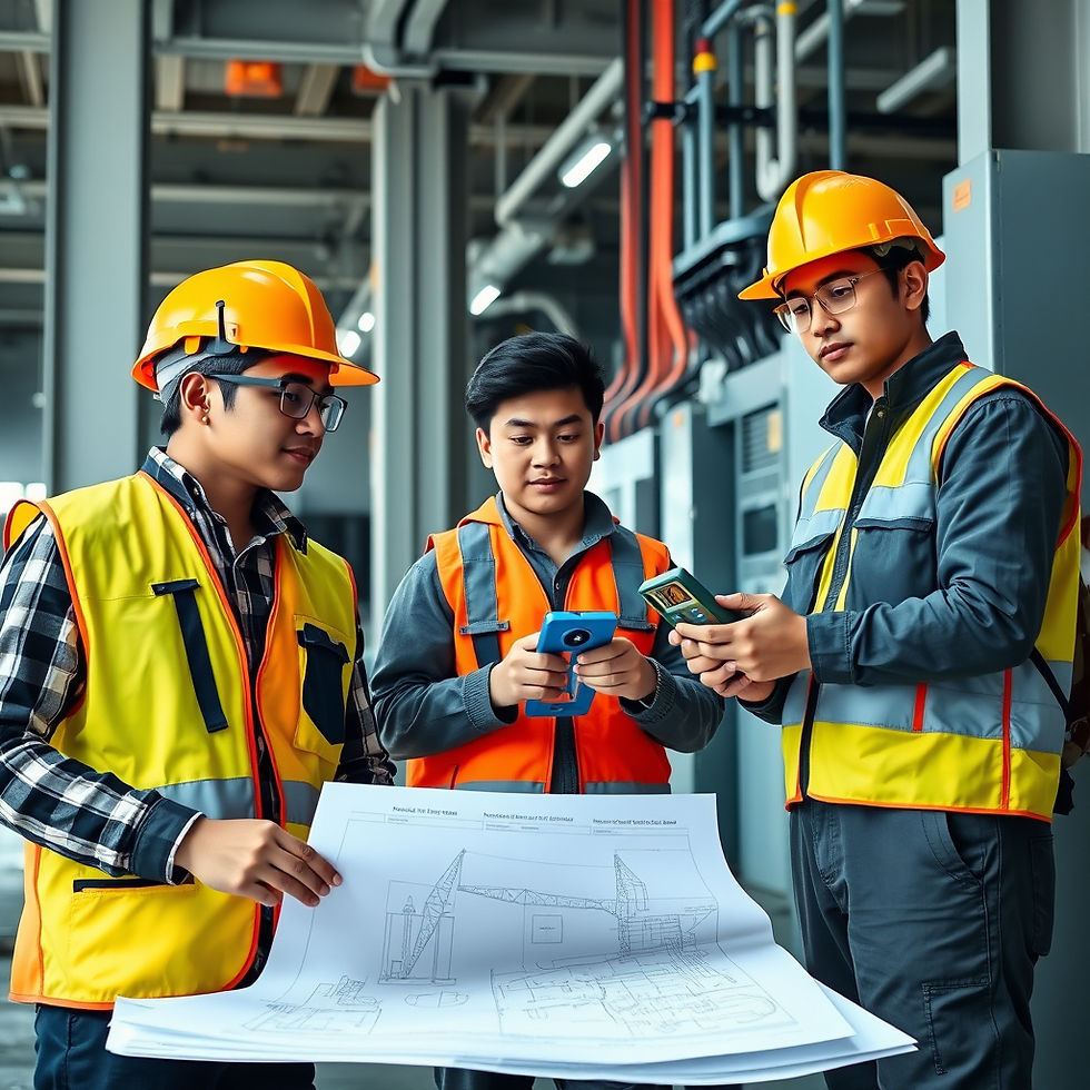 A modern educational promotional image showing three young Indonesian engineering students