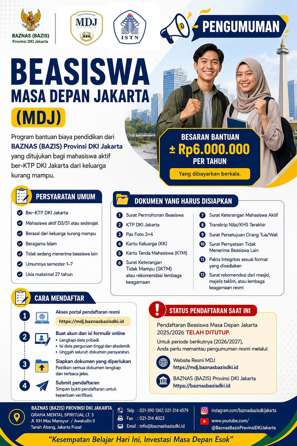 Pengumuman Beasiswa Masa Depan Jakarta (MDJ) dari BAZNAS (BAZIS) Provinsi DKI Jakarta