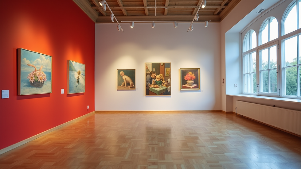 Eye-level view of a vibrant art gallery showcasing various artworks