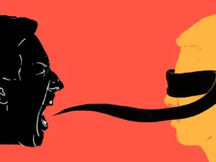 illüstrasyon, bağıran bir figürün ağzından çıkan sözler karşısındakini gözünü bağlıyor
