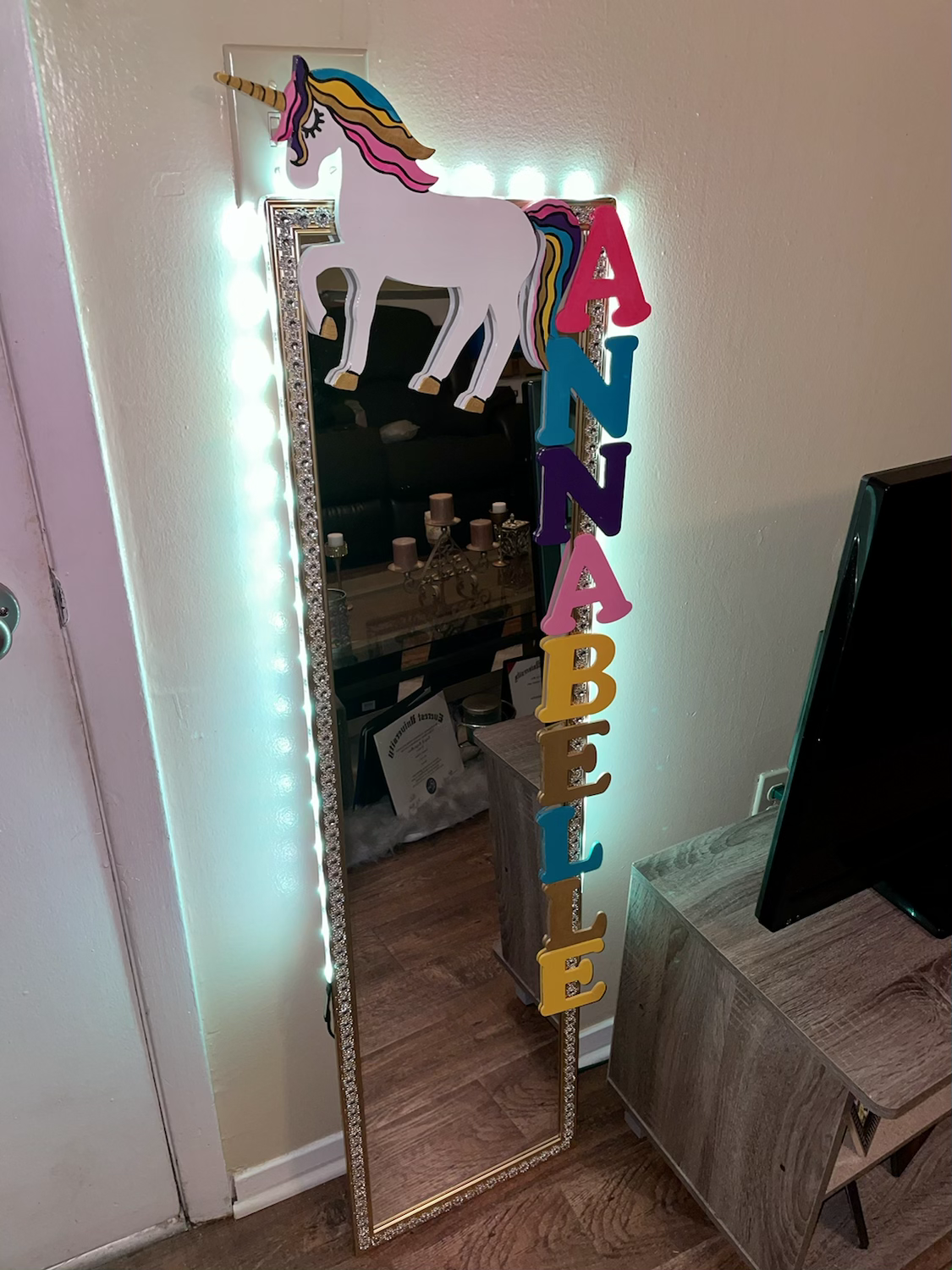 Unicorn Bling Mirror w Name & LED Lights 