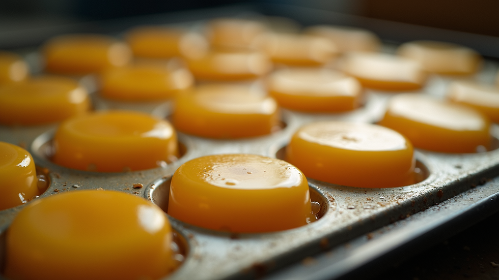 Eye-level view of solid wax melts cooling in moulds