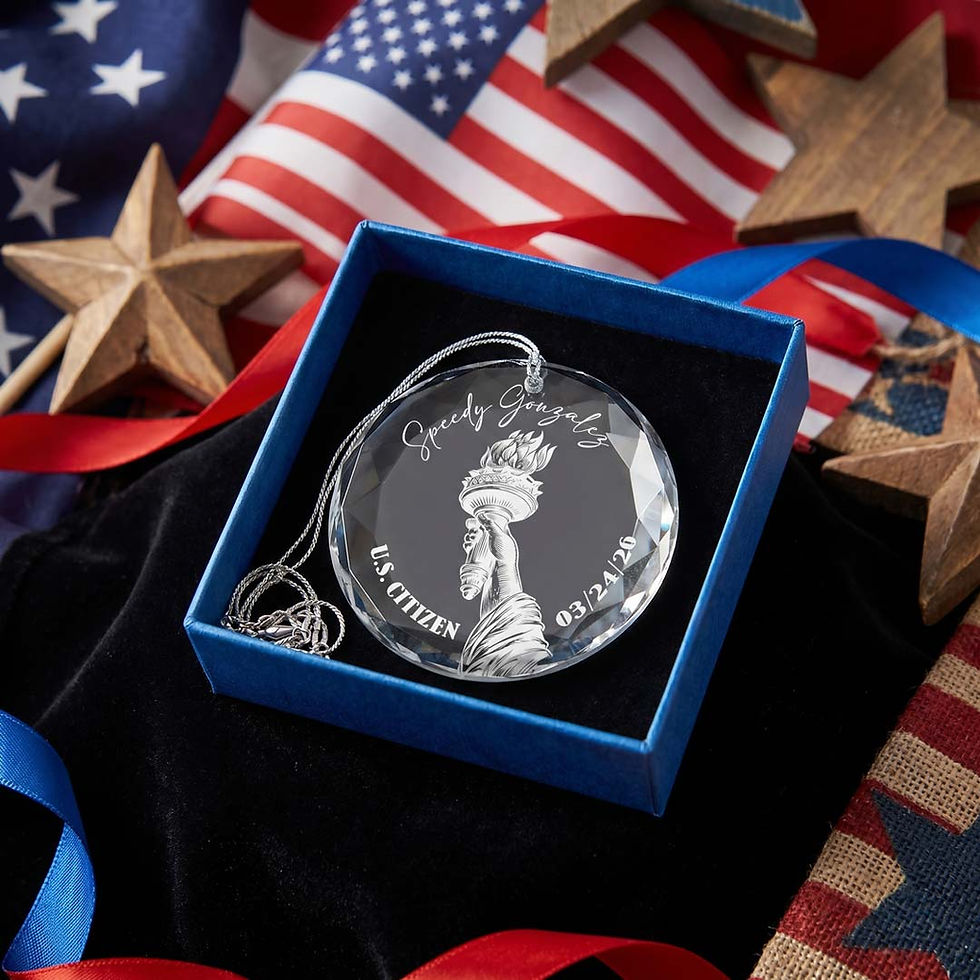 Glass ornament personalized with Liberty torch, name and naturalization date in a premium gift box