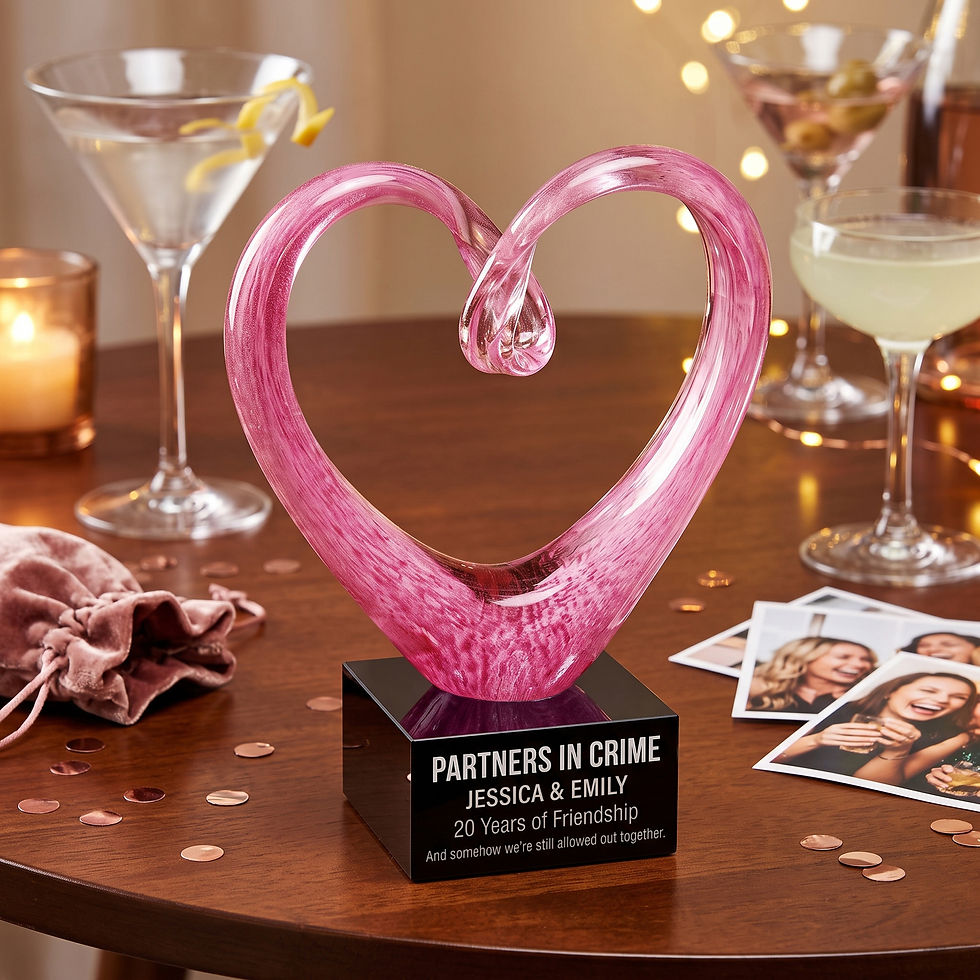 Thumbnail: Personalized pink glass heart friendship gift engraved for best friends celebrating 20 years of friendship.