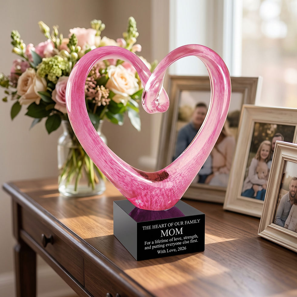 Thumbnail: Pink glass heart gift personalized with Heart of Our Family message for Mom or Grandma.