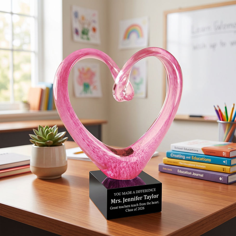 Thumbnail: Pink glass heart teacher appreciation award personalized with a You Made a Difference message on the black glass base.
