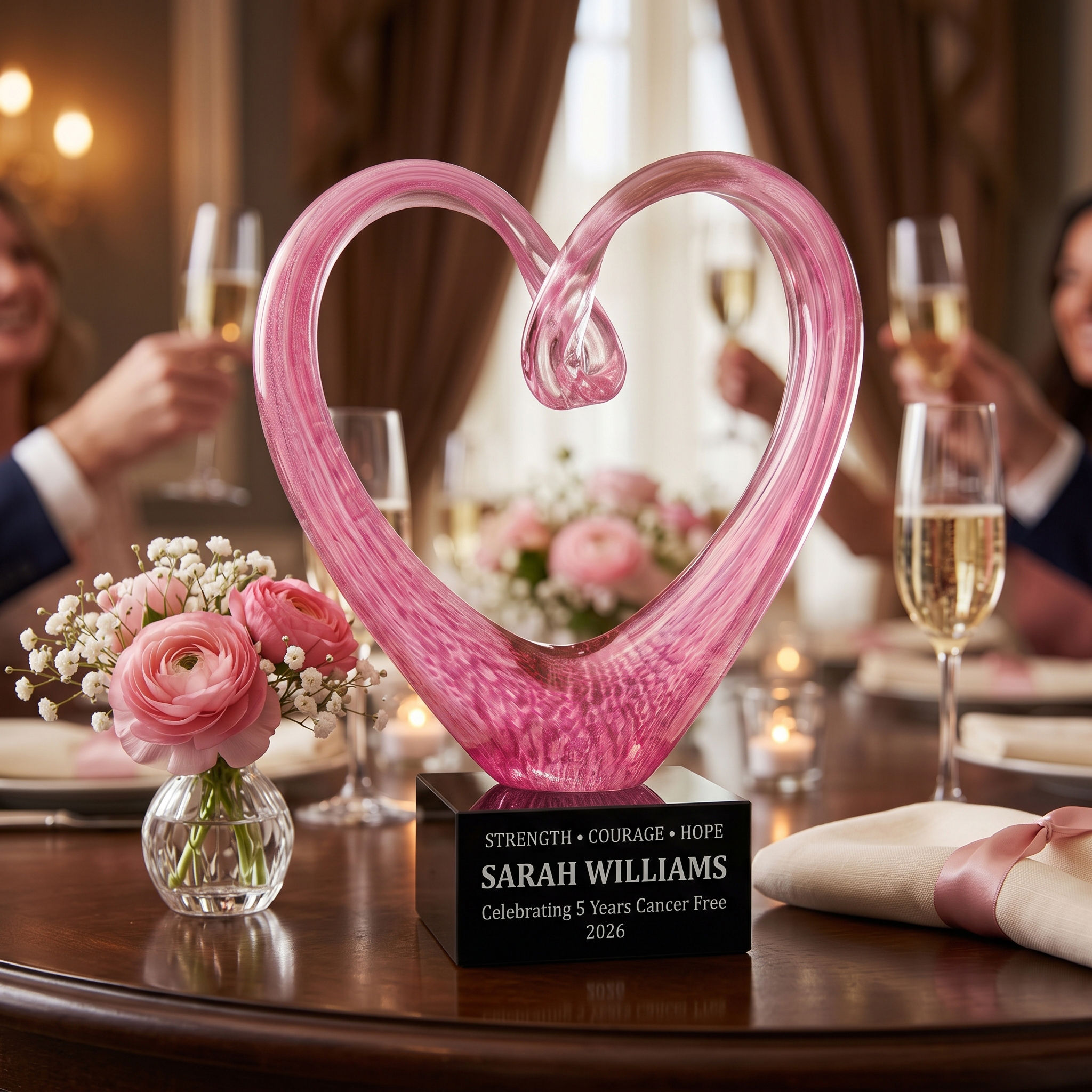Personalized pink glass heart award engraved for a five-year cancer-free survivor milestone with pink ribbon celebration deco