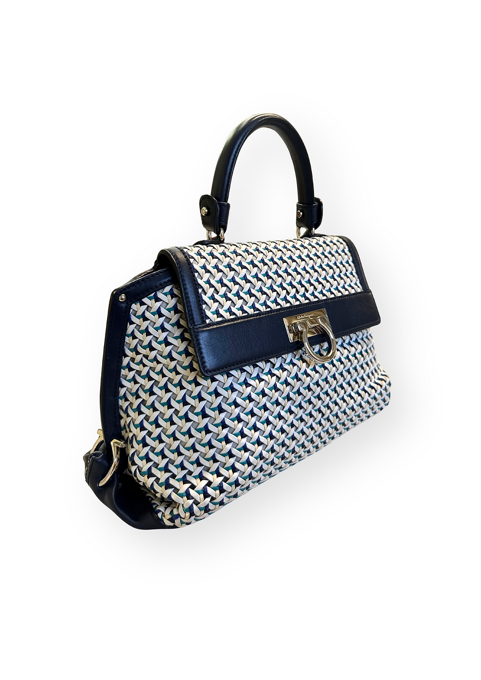 Miniatura: Salvatore Ferragamo Navy/Multicolor Woven Leather Sofia Top Handle