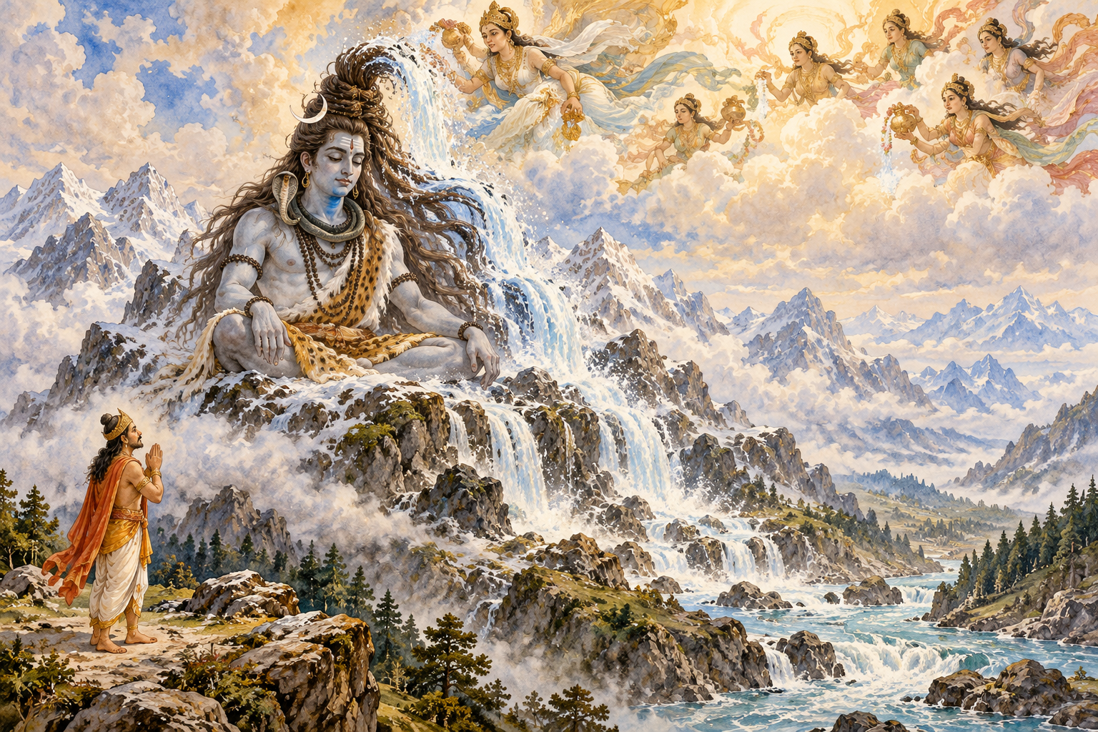 Śiva receives a celestial stream in his matted hair while Bhagīratha prays below.
