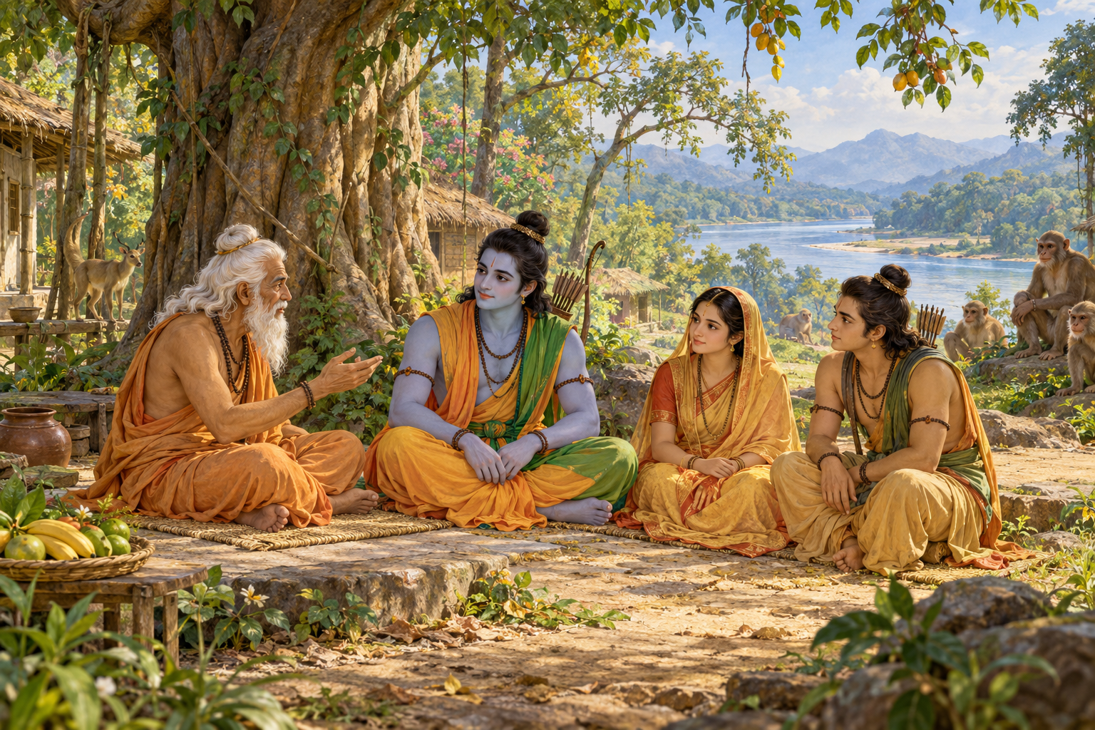 Rāma speaks with Bharadvāja beneath a tree, with Sītā and Lakṣmaṇa listening.