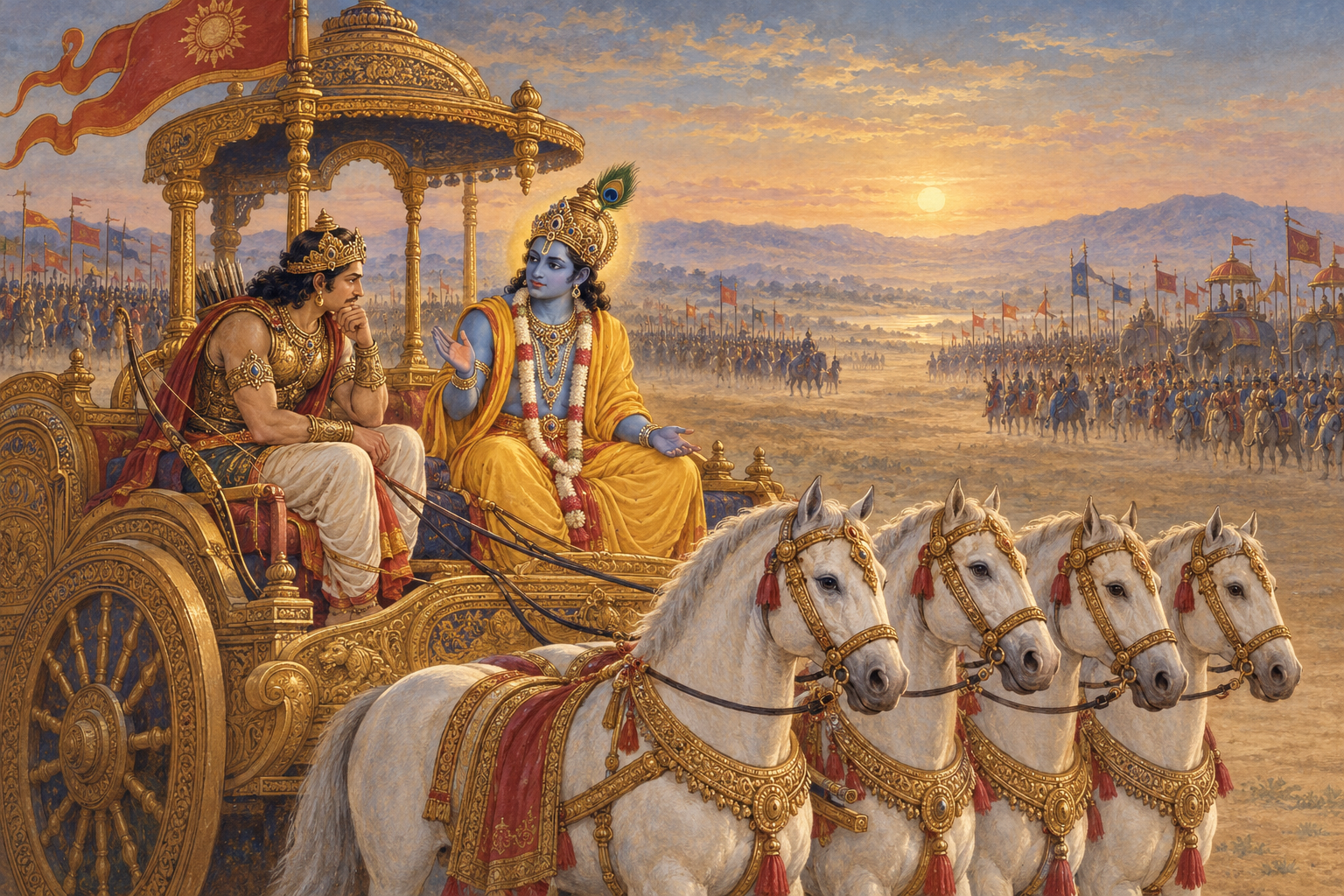 Artistic depiction of Krishna counseling a troubled Arjuna on a chariot, with four white horses and distant armies.