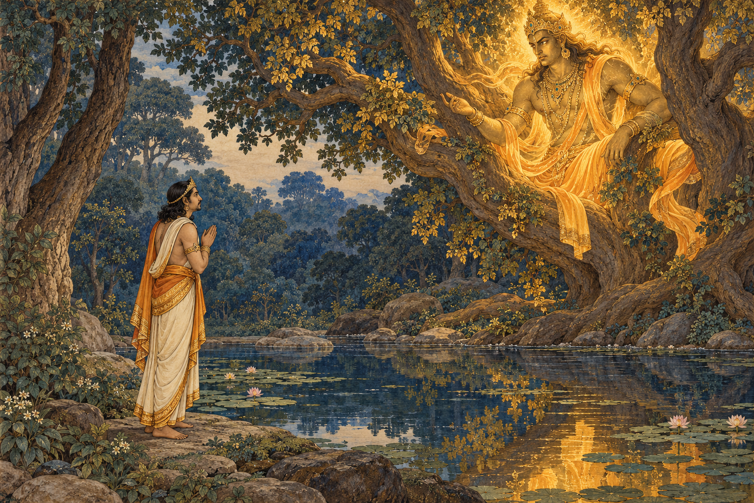 Yudhishthira listens beside a forest pool to a radiant Yaksha seated among the branches of a great tree.