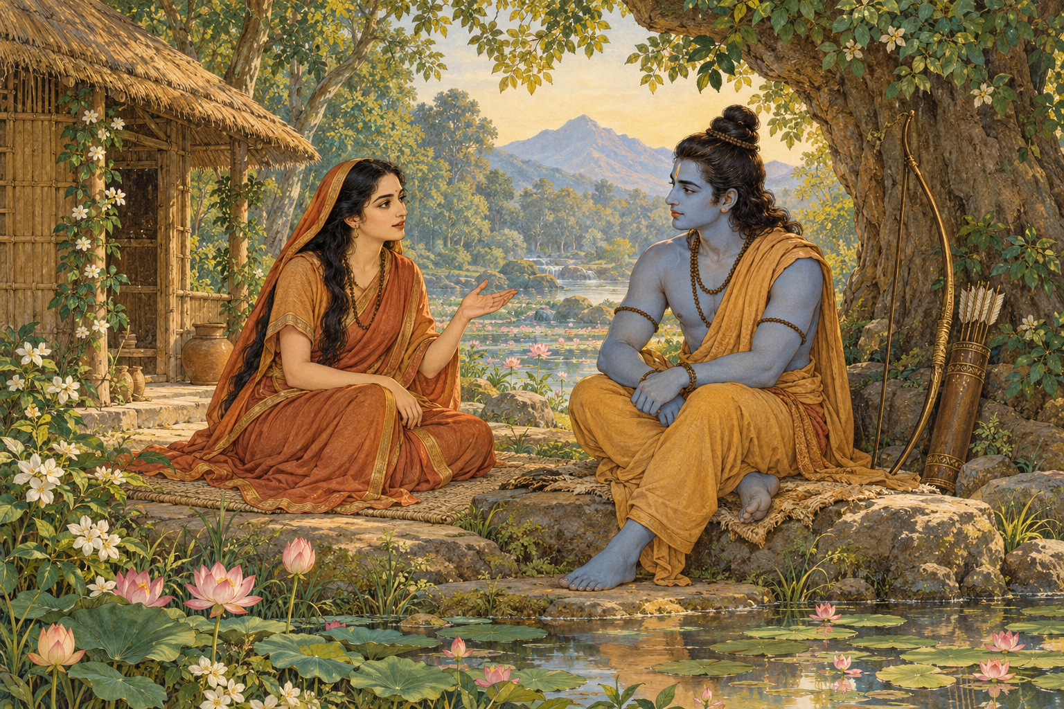 Sītā speaks with Rāma at a forest hermitage, his bow resting nearby.