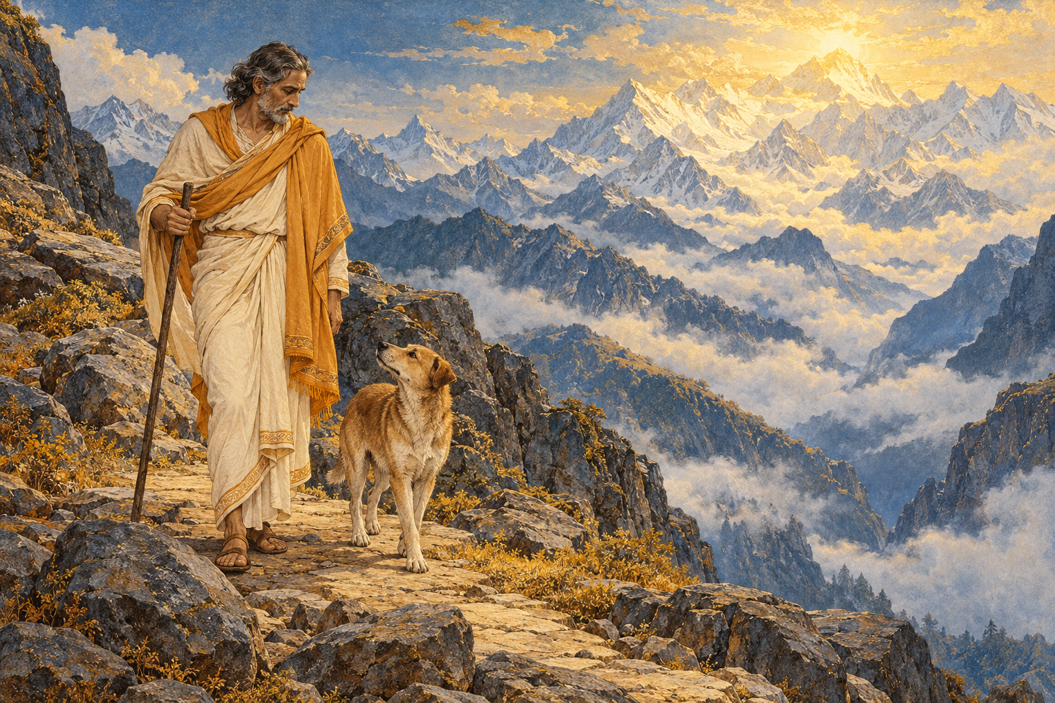 Yudhishthira in simple travel garments pauses beside a tawny dog on a mountain path.